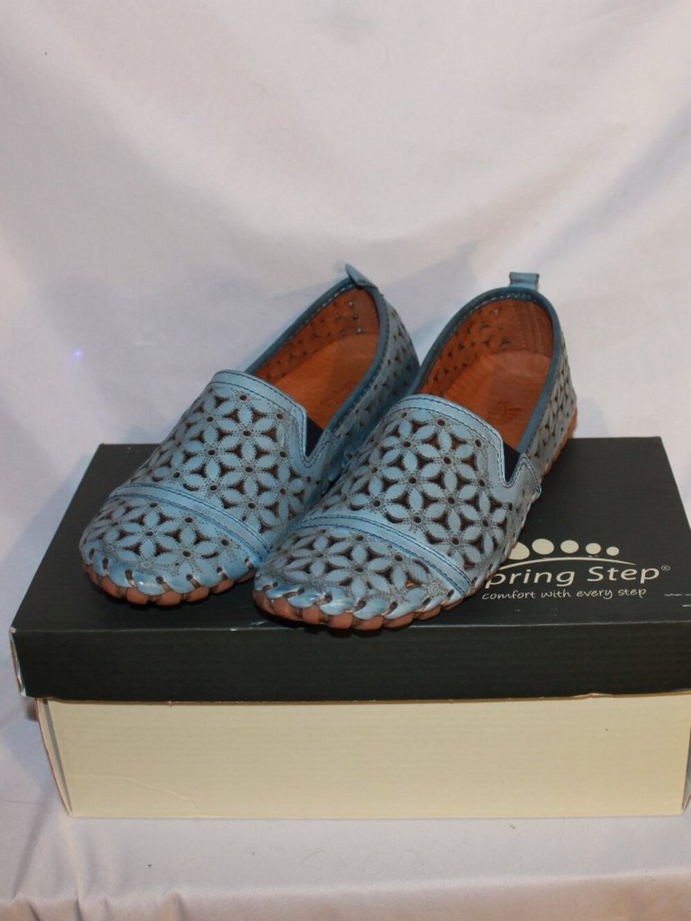 Spring Step Blue Perforated Floral Leather Slip-On Flats